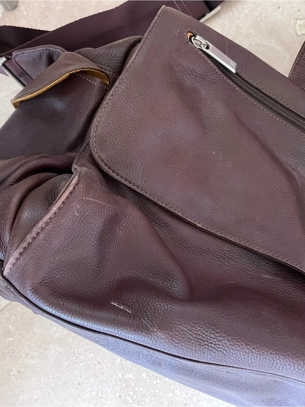 Tumi Dark Brown Leather Duffel Bag with Adjustable Strap